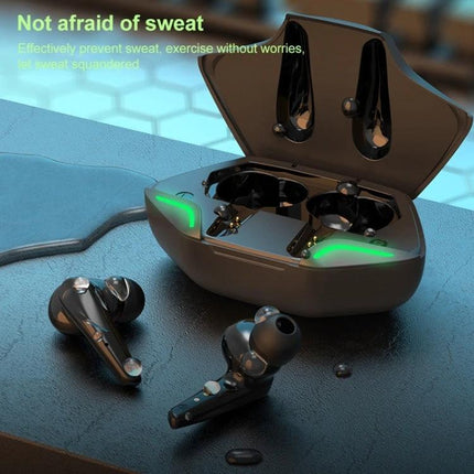 True Wireless In Ear Earbuds With Low Latency For Mobile Gaming black TWS-G11 earbuds with LED charging case shown