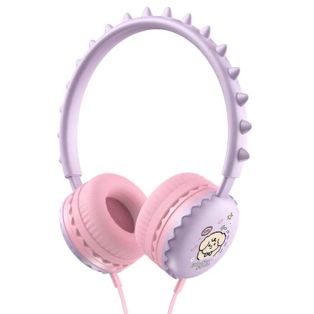 Kids Cartoon Wired Headphones With Microphone For Learning pink purple dinosaur design for online classes and calls