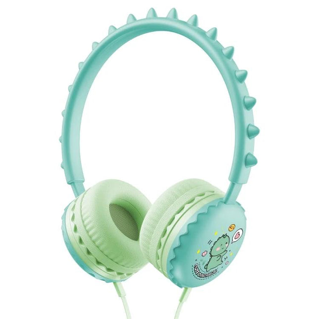 Kids Cartoon Wired Headphones With Microphone For Learning in mint green with dinosaur pattern, compact kid headset