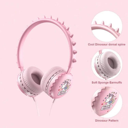 Kids Cartoon Wired Headphones With Microphone For Learning - pink dinosaur spikes, soft earmuffs, unicorn pattern, for ages 3+