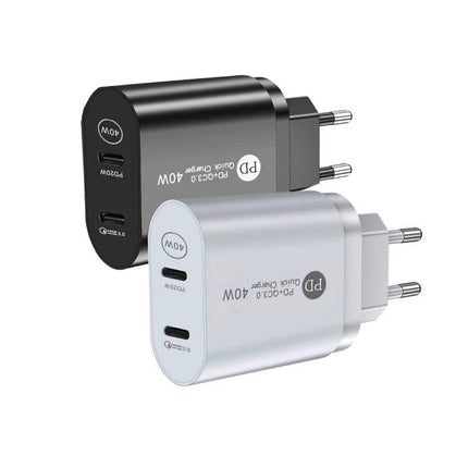 Keep your devices powered for daily use with EU plug charger — dual PD 40W wall charger for smartphone and tablet, black and silver