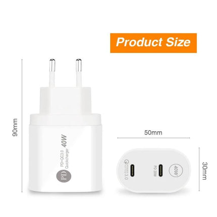 Keep your devices powered for daily use with EU plug charger – white 40W dual PD ports EU wall charger, 90x50x30mm