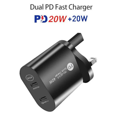 Essential Charger for Keeping Devices Powered in Daily Life — dual PD 20W+20W black wall charger with two USB‑C ports for phone and tablet