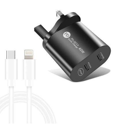 Compact USB-C Dual-Port Charger for Daily Home and Travel Use showing black 40W dual-port wall charger with USB-C and USB-A ports and white charging cable