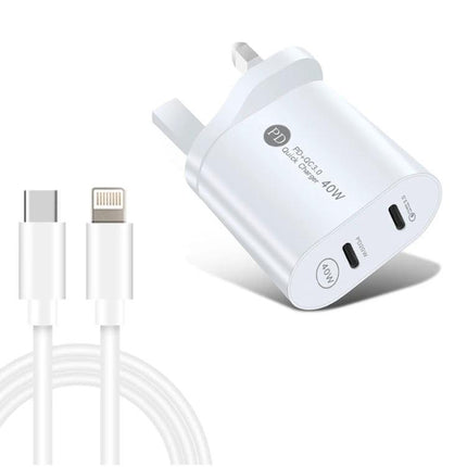 Compact USB-C Dual-Port Charger for Daily Home and Travel Use white 40W PD charger with two USB-C ports and USB-C to Lightning cable
