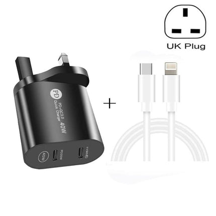 Compact USB-C Dual-Port Charger for Daily Home and Travel Use - black UK plug charger with dual USB-C/USB-A ports and charging cable