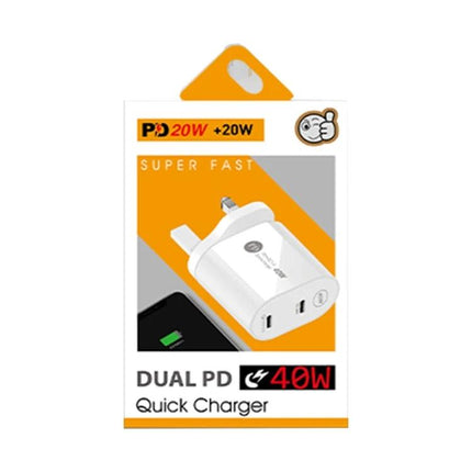Compact USB-C Dual-Port Charger for Daily Home and Travel Use white 40W dual PD quick charger with two USB-C ports on retail packaging
