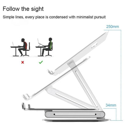 Aluminum Alloy Laptop Stand with Adjustable Height for Ergonomic Use - foldable adjustable desktop riser showing 250mm height and ergonomic posture guide