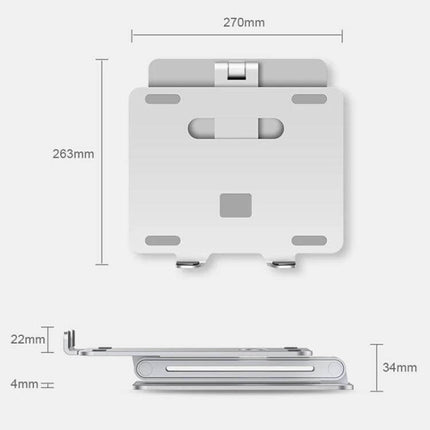 Aluminum Alloy Laptop Stand with Adjustable Height for Ergonomic Use showing top and side dimensions and folded profile
