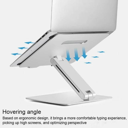 Aluminum Alloy Laptop Stand with Adjustable Height for Ergonomic Use showing elevated laptop, airflow and hovering angle for better posture