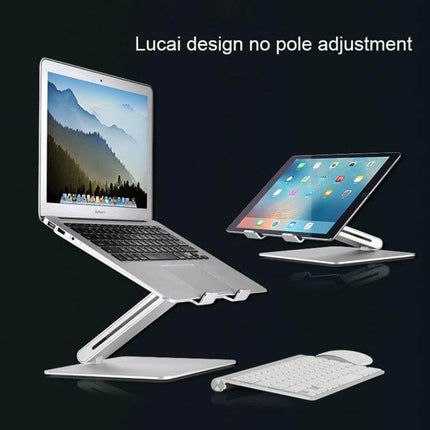 Aluminum Alloy Laptop Stand with Adjustable Height for Ergonomic Use — sleek adjustable aluminum stand holding laptop and tablet for better posture