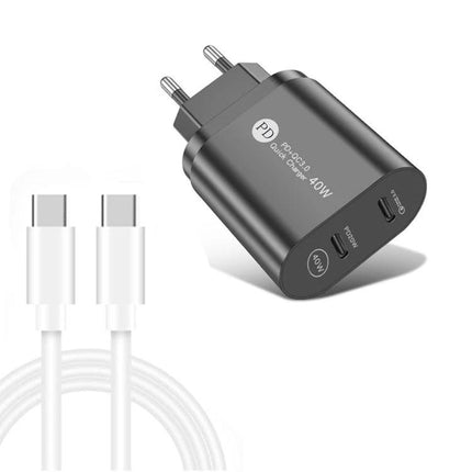 Compact Dual Port USB-C Charger for Home Office and Travel — compact black 40W dual USB-C PD charger with cable