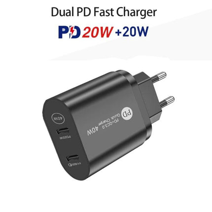 Compact Dual Port USB-C Charger for Home Office and Travel - black 40W dual PD fast wall charger with two USB-C ports