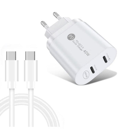 Compact Dual Port USB-C Charger for Home Office and Travel - white 40W dual-port USB-C wall charger with two USB-C cables