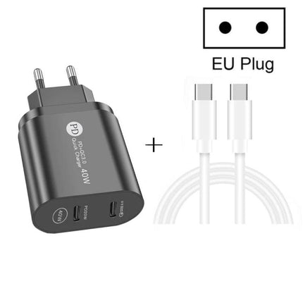 Compact Dual Port USB-C Charger for Home Office and Travel - black EU plug charger with two USB-C ports and dual USB-C cable, compact 40W PD