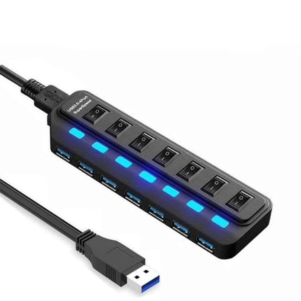 Seven-Port USB Hub with Independent Switch Controls for Multiple Devices — black hub with seven individual on/off switches and blue LED indicators