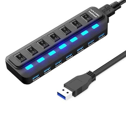 Seven-Port USB Hub with Independent Switch Controls for Multiple Devices - black hub with individual switches and blue LED indicators