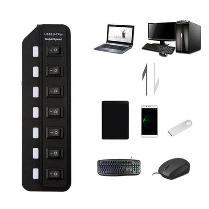 Seven-Port USB Hub with Independent Switch Controls for Multiple Devices - black USB 3.0 hub with seven switches connected to laptop, desktop, keyboard, mouse, phone, drive