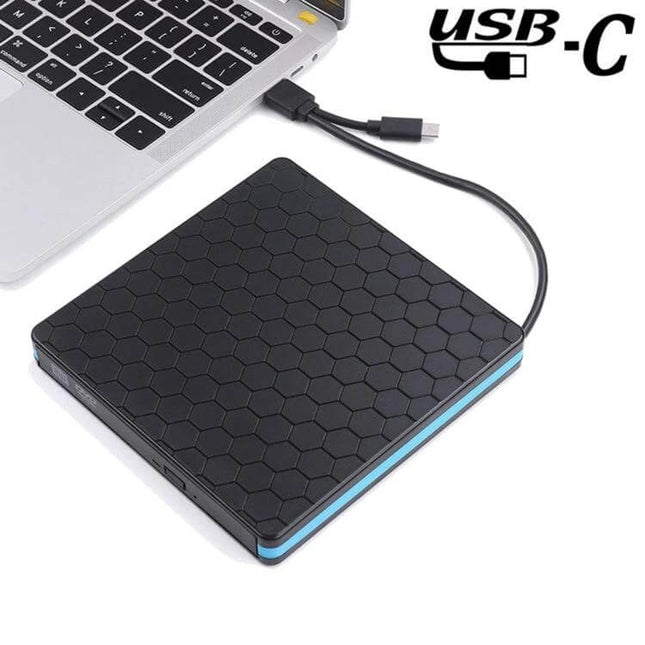 External USB-C Optical Drive for Playing and Burning CDs and DVDs slim black hex patterned external drive connected to laptop via USB-C cable