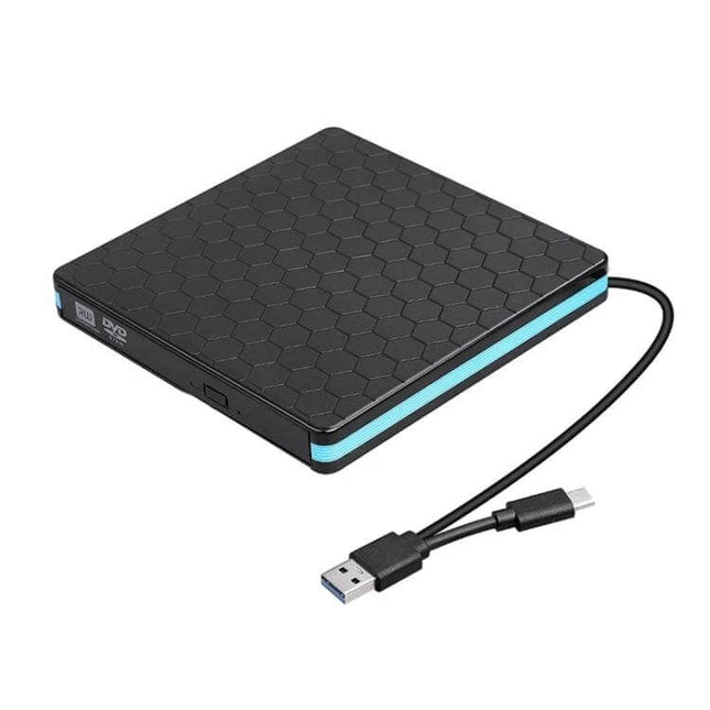 External USB-C Optical Drive for Playing and Burning CDs and DVDs - slim black external drive with USB-C cable for reading and burning discs