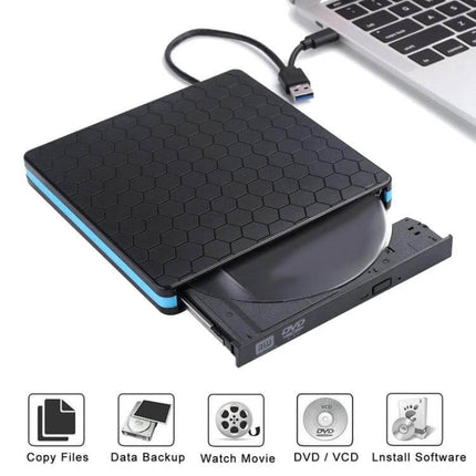 External USB-C Optical Drive for Playing and Burning CDs and DVDs - slim external drive connected to laptop for playing CDs, watching DVDs, and burning backups