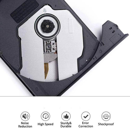 External USB-C Optical Drive for Playing and Burning CDs and DVDs showing open tray and icons for noise reduction high speed sturdiness error correction shockproof