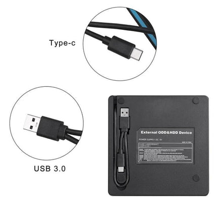 External USB-C Optical Drive for Playing and Burning CDs and DVDs with Type-C and USB 3.0 cables shown