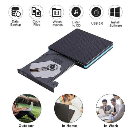 External USB-C Optical Drive for Playing and Burning CDs and DVDs black portable tray drive with laptop for data backup, watch movies, listen to CD