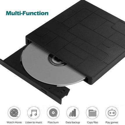 External USB DVD Recorder for Laptops and Desktops slim black external drive with tray open playing and burning DVDs