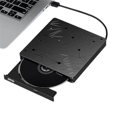 Slim External Portable DVD RW Drive for Laptops and Desktops slim black USB-C DVD RW drive beside laptop with disc tray open