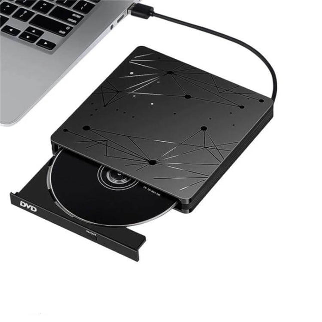 Slim External Portable DVD RW Drive for Laptops and Desktops slim black USB-C DVD RW drive beside laptop with disc tray open
