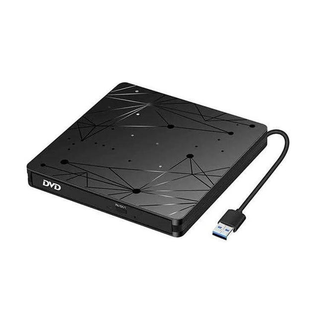 Slim External Portable DVD RW Drive for Laptops and Desktops — slim USB Type-A/Type-C external DVD RW with geometric black design