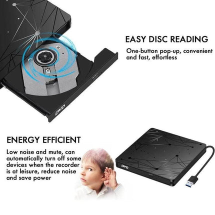Slim External Portable DVD RW Drive for Laptops and Desktops showing open disc tray, USB-C cable, easy disc reading and energy efficient design