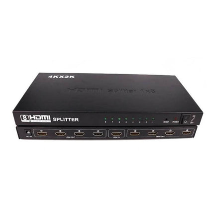 Eight-Port HDMI Splitter for Multiple Display Connections - black 1x8 HDMI splitter with eight output ports for home office and entertainment setups