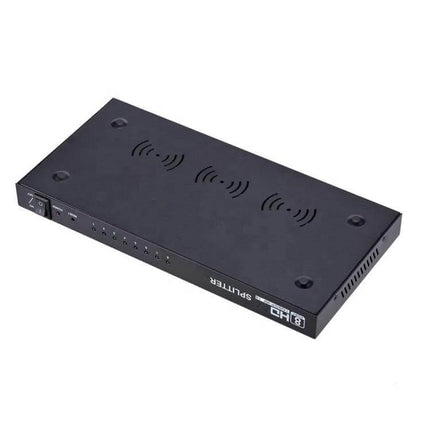 Eight-Port HDMI Splitter for Multiple Display Connections compact black metal unit showing power switch and eight output indicators