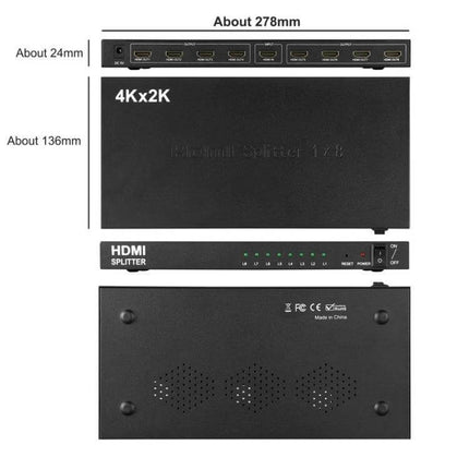 Eight-Port HDMI Splitter for Multiple Display Connections black 4Kx2K unit with eight HDMI outputs, power LED indicators and dimensions shown
