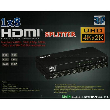Eight-Port HDMI Splitter for Multiple Display Connections - black 1x8 HDMI splitter box showing eight HDMI outputs and UHD 4Kx2K support