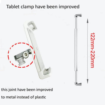 Adjustable Desk Stand for Laptops and Tablets Up to 16 Inches showing improved metal tablet clamp and adjustable 122–220mm arm