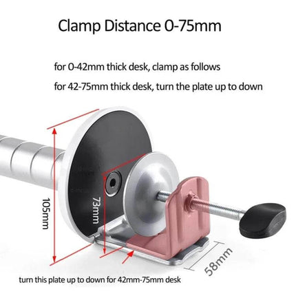Adjustable Desk Stand for Laptops and Tablets Up to 16 Inches clamp mounting detail showing clamp distance 0-75mm and dimensions