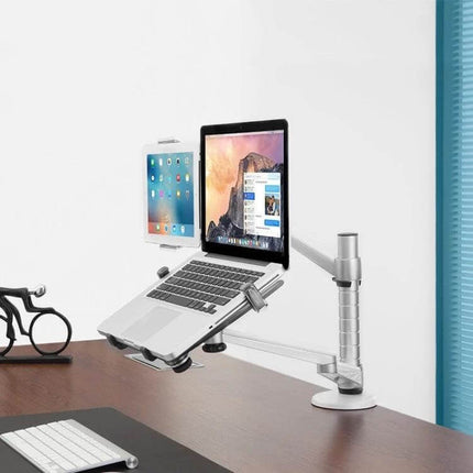 Adjustable Desk Stand for Laptops and Tablets Up to 16 Inches mounted on desk with double-arm aluminum alloy bracket holding laptop and tablet