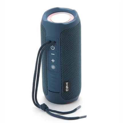 T And G Portable Weather Resistant Bluetooth Speaker For Outdoor Use compact blue speaker with strap and light mode controls