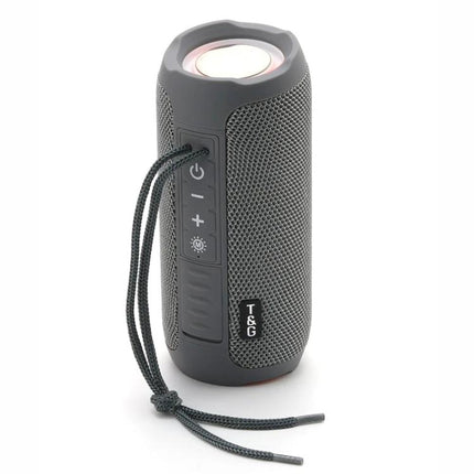 T And G Portable Weather Resistant Bluetooth Speaker For Outdoor Use showing compact grey speaker with controls and carry cord