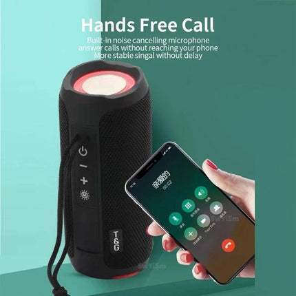 T And G Portable Weather Resistant Bluetooth Speaker For Outdoor Use hands-free call demo with smartphone and colorful light mode