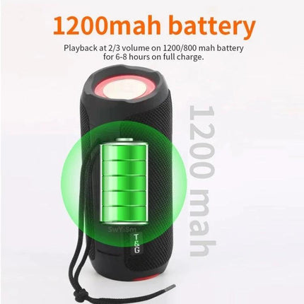 T And G Portable Weather Resistant Bluetooth Speaker For Outdoor Use shown with 1200mAh battery icon and compact waterproof design