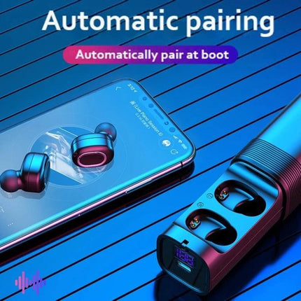 T And G True Wireless Earbuds With LED Battery Case showing earbuds paired to phone, LED display on charging case, blue background