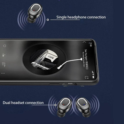 T And G True Wireless Earbuds With LED Battery Case showing single and dual headset Bluetooth connections and phone display