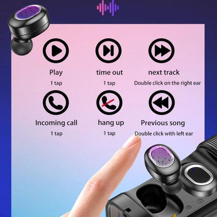 T And G True Wireless Earbuds With LED Battery Case showing touch controls, playback icons, and charging case with LED display