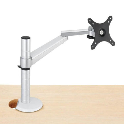 Height Adjustable Aluminum Monitor Stand for LCD Screens on desk, silver aluminum arm and VESA mount supporting up to 27-inch LCD