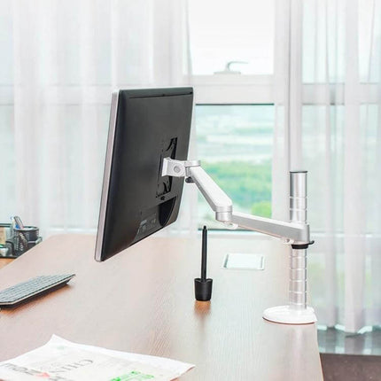 Height Adjustable Aluminum Monitor Stand for LCD Screens holding a 27-inch monitor on a sleek adjustable arm to improve posture and reduce eye strain