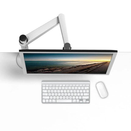 Height Adjustable Aluminum Monitor Stand for LCD Screens holding a 27-inch monitor over keyboard and mouse, durable aluminum alloy workspace setup